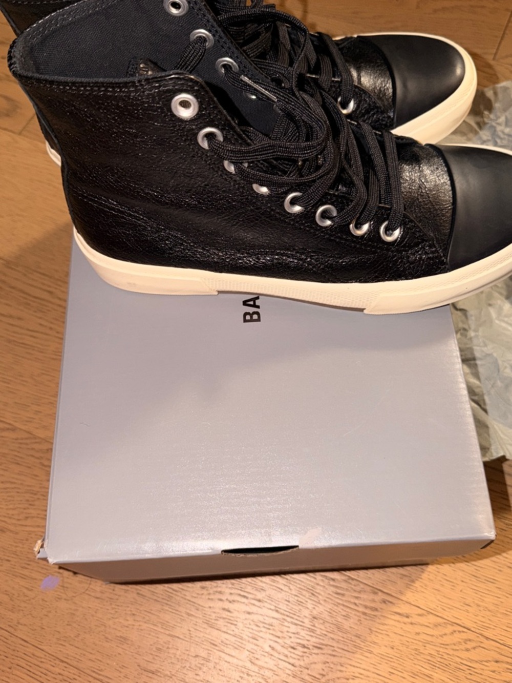 Balenciaga Black Leather High-Top Sneakers with Cream Soles - Picture 3 of 6